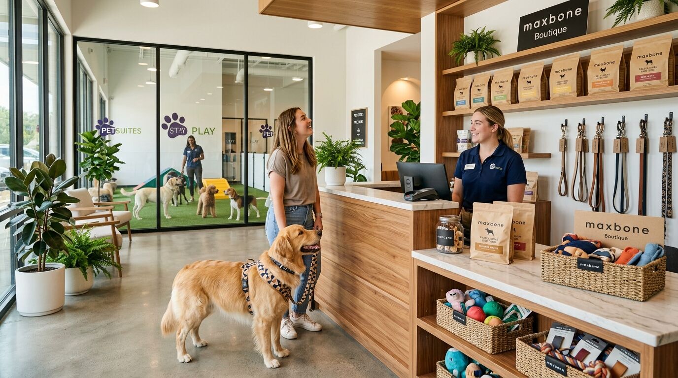 Maxbone products displayed at PetSuites boarding facility