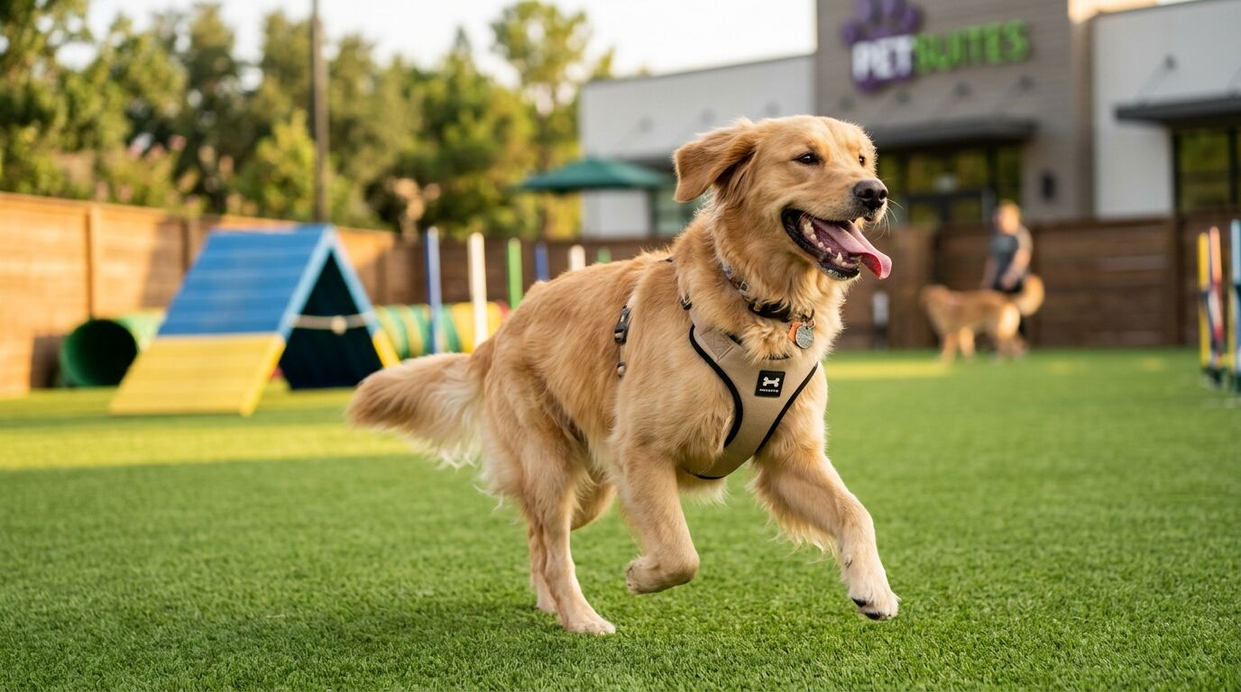 Dog wearing maxbone harness at PetSuites