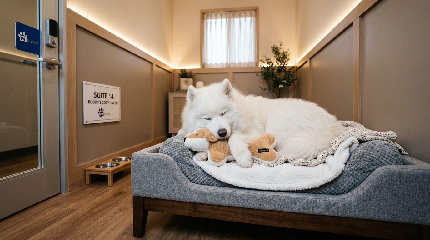 Dog relaxing in PetSuites suite with maxbone toy